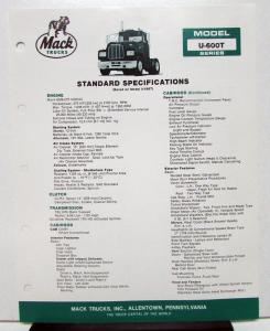 1985 Mack Truck Model U 600T Specification Sheet