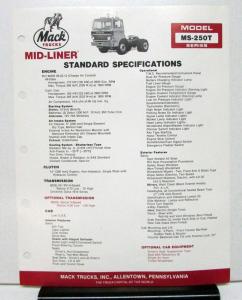 1985 Mack Truck Model MS 250T Specification Sheet