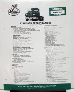 1985 Mack Truck Model U 600ST Specification Sheet