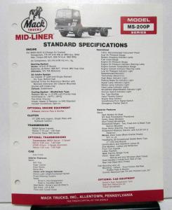 1985 Mack Truck Model MS 200P Specification Sheet