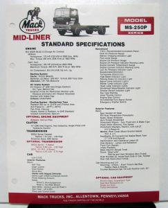 1986 Mack Truck Model MS 250P Specification Sheet