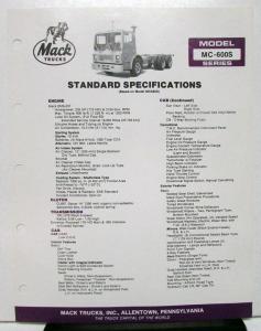 1985 Mack Truck Model MC 600S Specification Sheet