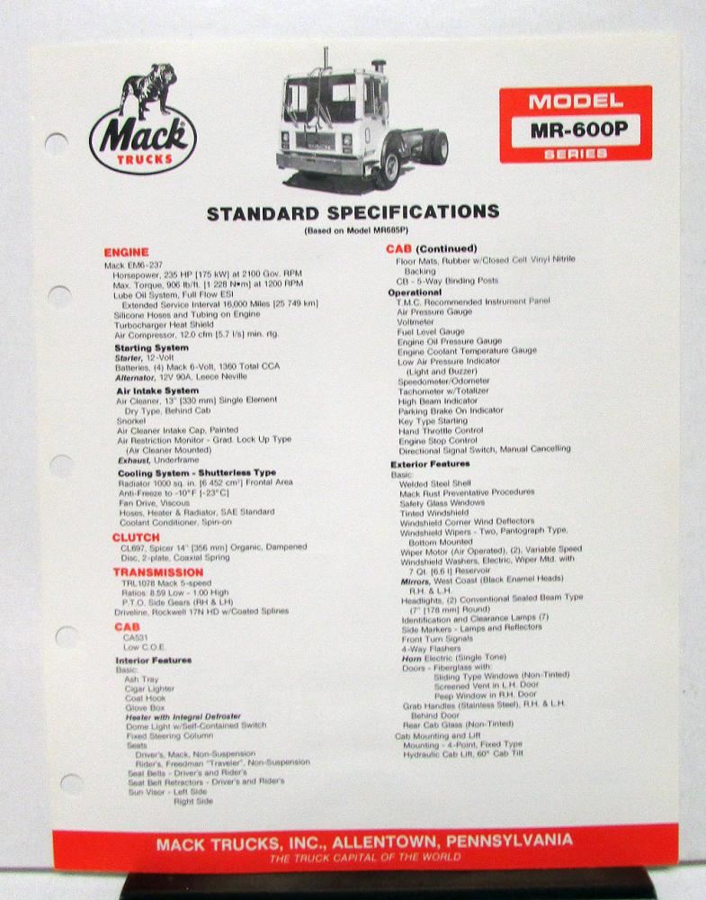 1985 Mack Truck Model MR 600P Specification Sheet