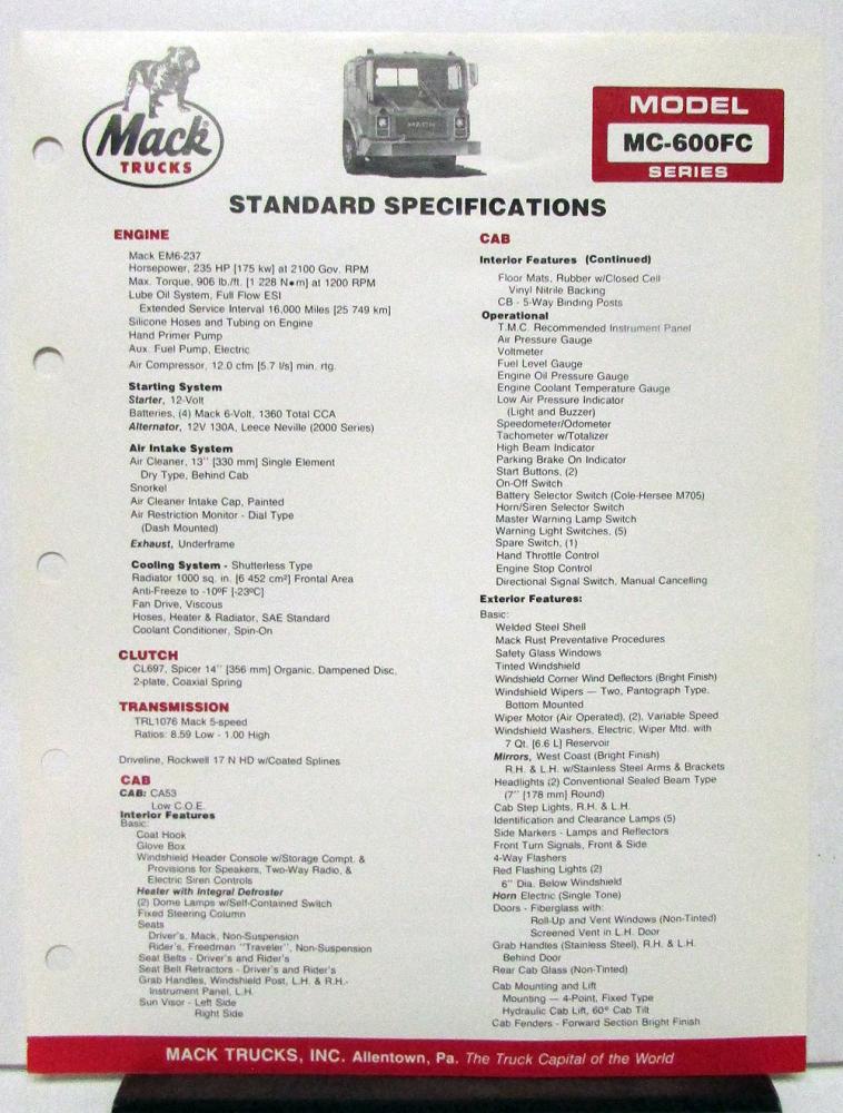 1985 Mack Truck Model MC 600FC Specification Sheet