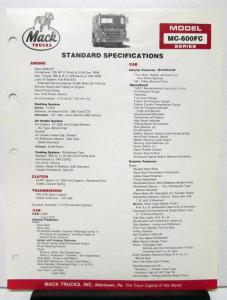 1985 Mack Truck Model MC 600FC Specification Sheet