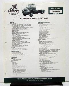 1985 Mack Truck Model DM 600S Specification Sheet