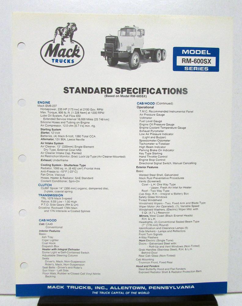 1985 Mack Truck Model RM 600SX Specification Sheet
