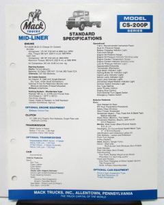 1985 Mack Truck Model CS 200P Specification Sheet