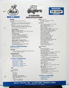 1985 Mack Truck Model CS 300P Specification Sheet