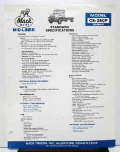 1985 Mack Truck Model CS 250P Specification Sheet