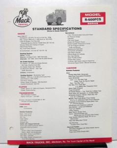 1986 Mack Truck Model R 600FCS Specification Sheet