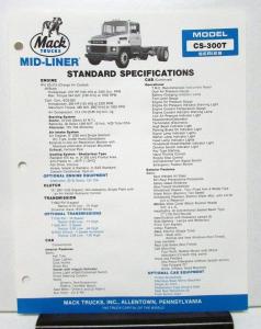1986 Mack Truck Model CS 300T Specification Sheet