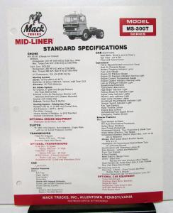 1986 Mack Truck Model MS 300T Specification Sheet