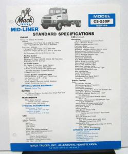 1986 Mack Truck Model CS 250P Specification Sheet