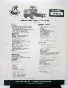 1987 Mack Truck Model DM-600S Specification Sheet