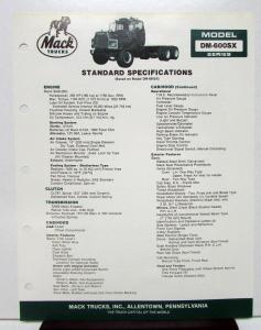 1987 Mack Truck Model DM 600SX Specification Sheet