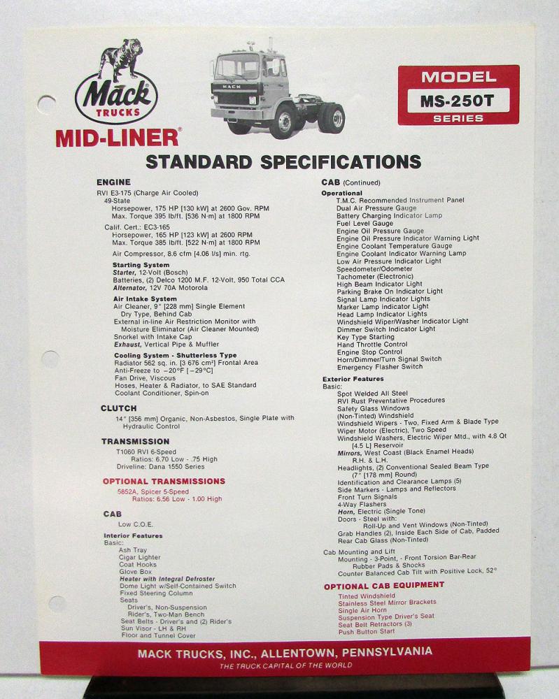 1986 1987 Mack Truck Model MS 250T Specification Sheet