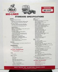 1986 1987 Mack Truck Model MS 250T Specification Sheet