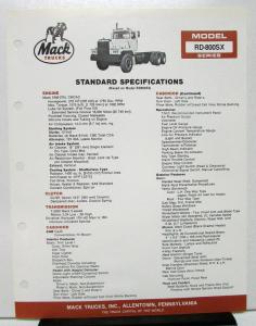 1987 Mack Truck Model RD 800SX Specification Sheet
