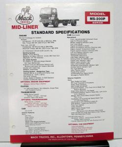 1987 Mack Truck Model MS 200P Specification Sheet