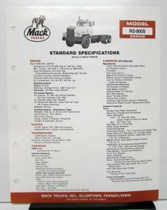 1987 Mack Truck Model RD 800S Specification Sheet