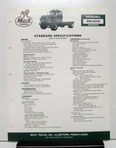 1987 Mack Truck Model DM 600X Specification Sheet