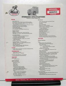1988 Mack Truck Model R600FCS Specification Sheet