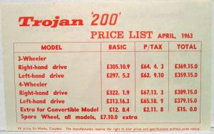 1962-1963 Trojan 200 Price List and Accessories - English Market