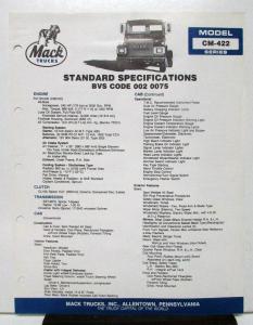 1988 Mack Truck Model CM 422 Specification Sheet