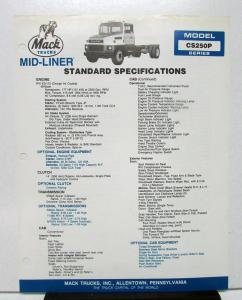 1988 Mack Truck Model CS250P Specification Sheet