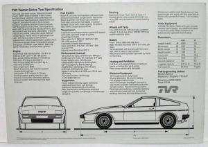 1982 TVR Tasmin Silver Series Two Spec Sheet