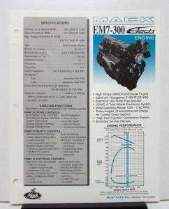 1998 Mack Truck Engine EM7 300 Specification Sheet