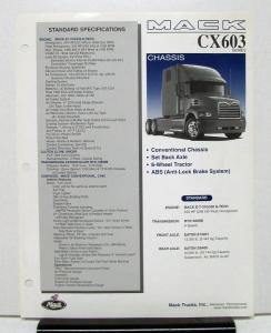 1999 Mack Truck Model CX603 Specification Sheet