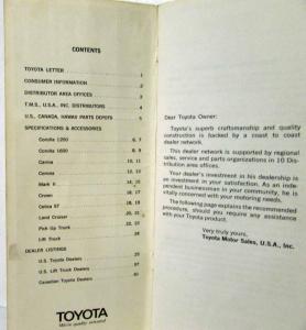 1972 Toyota Dealer List with Models Specs and Accessories - Summer