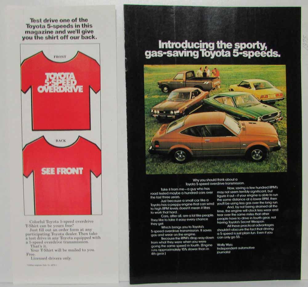 1975 Toyota Introducing the Sporty Gas-Saving 5-Speeds & Shirt Promotion Card