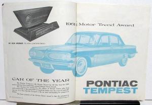 1961 Pontiac Tempest Motor Trend Car Of The Year Dealer Sales Brochure Original