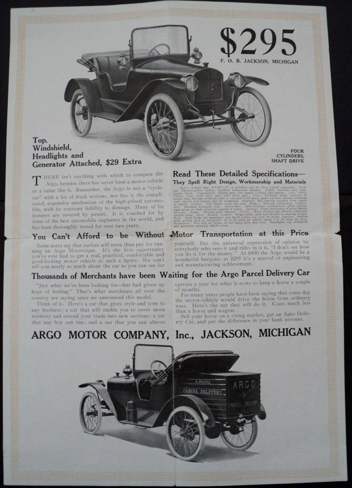 1915 Argo Motor Vique Car & Parcel Delivery Flyer Pre 1916 Brass Era Original