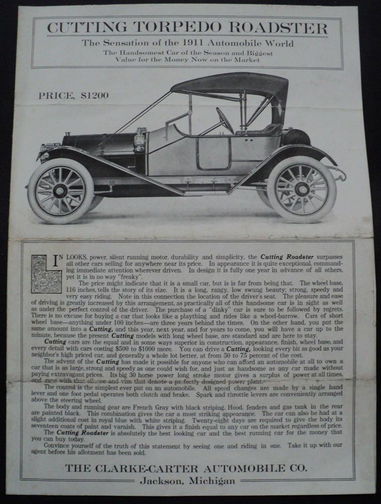 1911 Cutting Torpedo Roadster Sales Brochure Flyer  Pre 1916 Brass Era Original