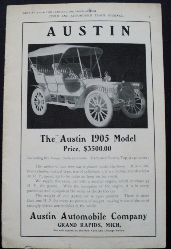 1905 Austin Four Cylinder Touring Car Book Pre 1916 Brass Era Original Reprint