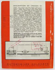 1933 Delayhaye Type 111 Bus 6 Cylinder Spec Sheet - French Text