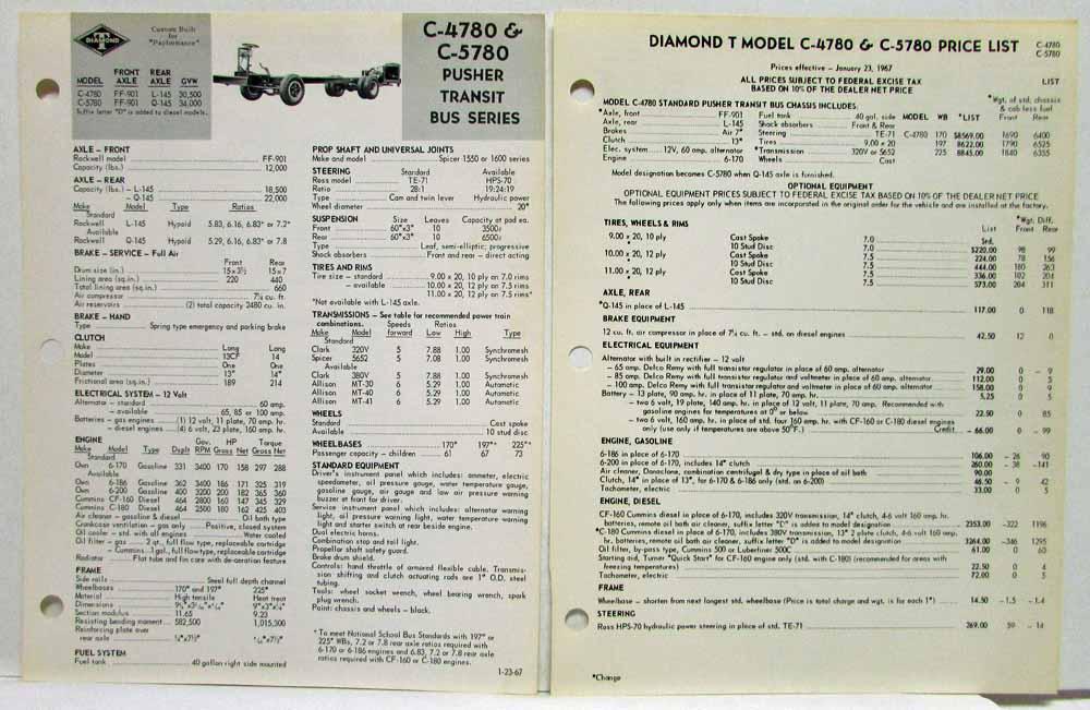 1967 Diamond T Pusher Transit Bus Series Spec Sheet and Price List