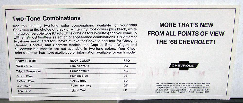 1968 Chevrolet Color Paint Chip Sales Folder Camaro Chevelle Nova Corvair