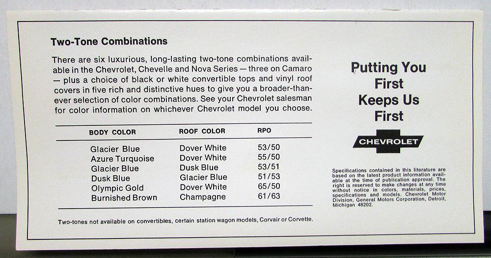 1969 Chevrolet Color Paint Chip Sales Folder Camaro Chevelle Corvette