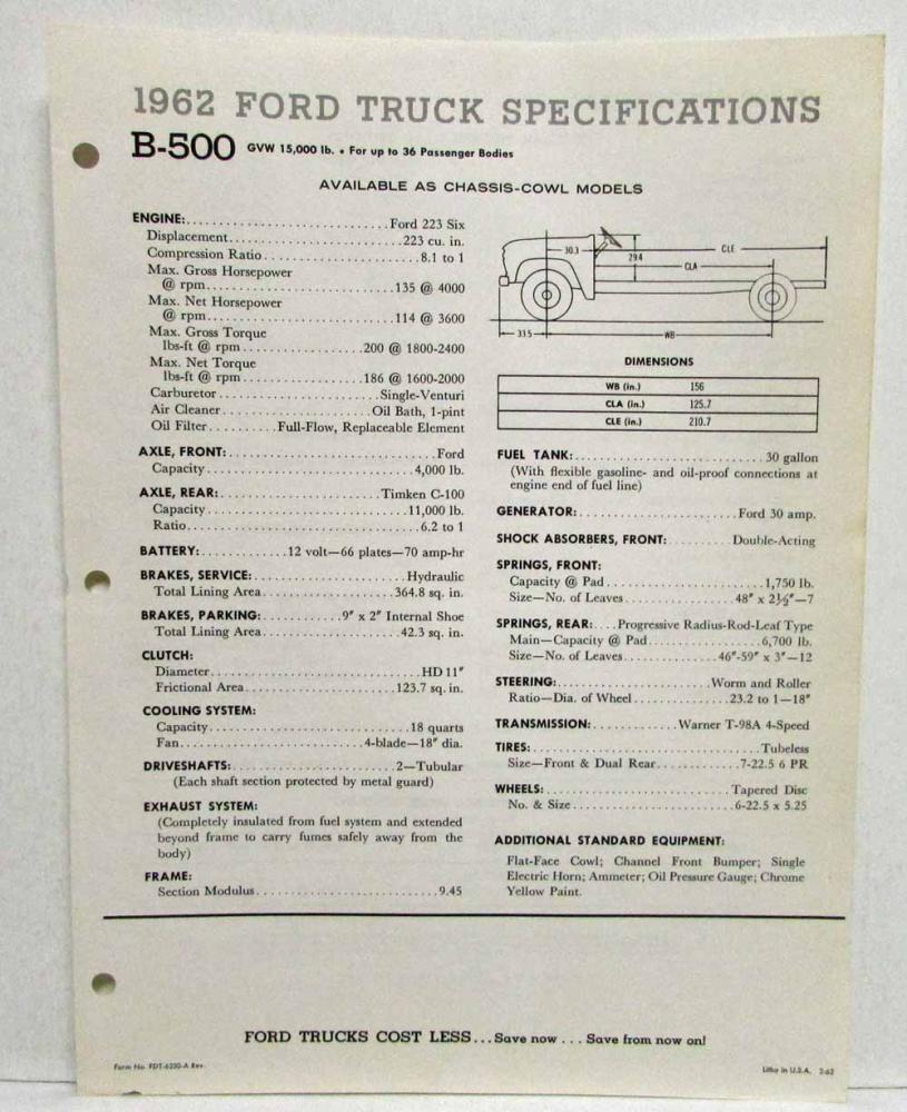 1962 Ford Truck B-500 School Bus Chassis Spec Sheet