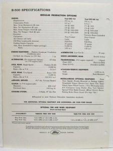 1962 Ford Truck B-500 School Bus Chassis Spec Sheet