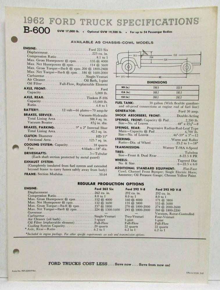 1962 Ford Truck B-600 School Bus Chassis Spec Sheet Rev 2-62