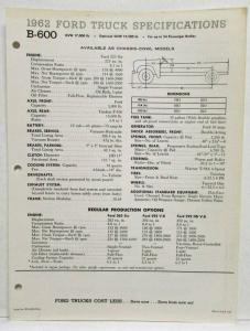 1962 Ford Truck B-600 School Bus Chassis Spec Sheet Rev 2-62