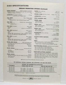 1962 Ford Truck B-600 School Bus Chassis Spec Sheet Rev 2-62