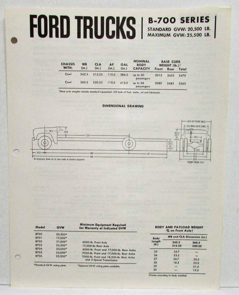 1964 Ford Truck B-700 School Bus Chassis Spec Sheet Rev 2-64