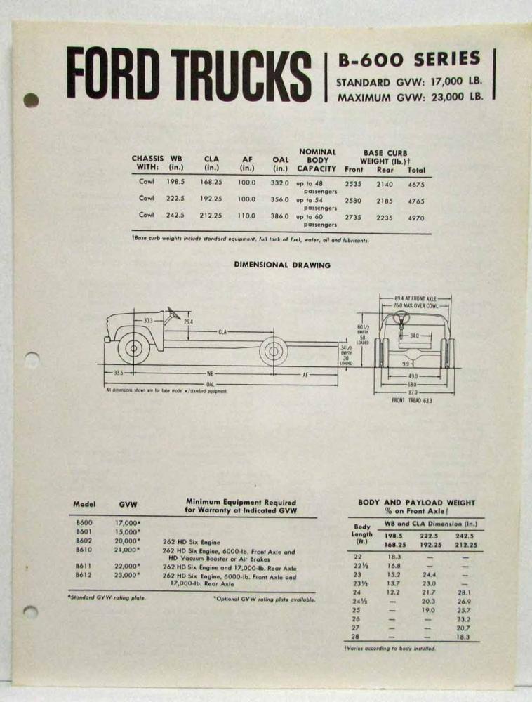 1964 Ford Truck B-600 School Bus Chassis Spec Sheet Rev 2-64